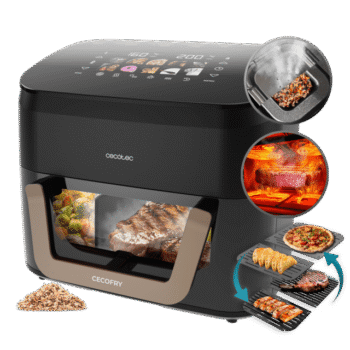 Cecofry&Grill Smokin' 11000 Freidora de aire con triple grill en la parte superior e inferior para dorado perfecto y sabor de parrilla en carnes, ahumador, capacidad de 11 litros, potencia de 2900 W para platos saludables y pared divisoria móvil para optar entre dos cestillos con temperatura dual o convertirse en una sola cubeta.